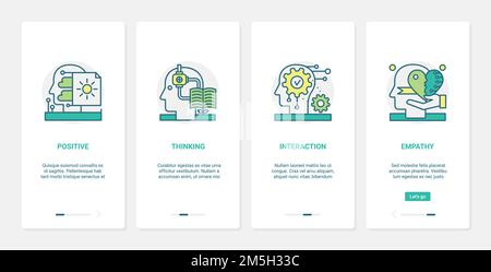 Positive thinking interaction in psychology vector illustration. UX, UI onboarding mobile app page screen set with line human brain mental psycho proc Stock Vector