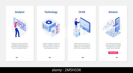 Data analysis smart solutions vector illustration. UX, UI onboarding mobile app page screen set with line service report, analyzing technology for bus Stock Vector