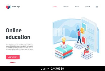 Creative 3d modern educational concept landing page for science library webpage with online school tutor and distance learning course. Isometric readi Stock Vector