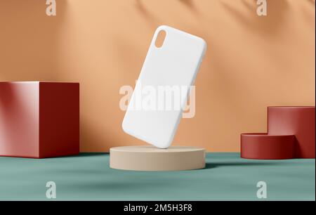 Mobile phone case mockup, white cover template on a podium stand background. Blank smartphone plastic protector for brand design presentation in 3D re Stock Photo