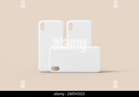 Three smartphone case mockup, blank cover template isolated on a neutral color background in 3D rendering. White phone plastic protector for branding Stock Photo