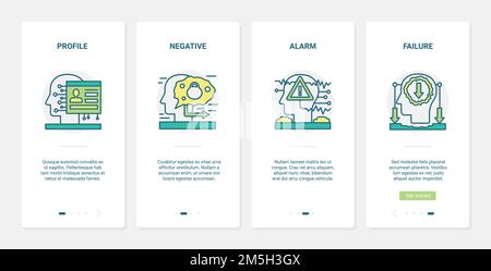 Negative stress reaction, human brain process vector illustration. UX, UI onboarding mobile app page screen set with line failure alarm symbols, negat Stock Vector