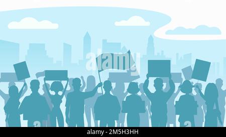 Silhouette crowd of people protesters. Protest, revolution, conflict in city. Flat vector illustration Stock Vector