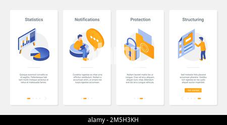 Protection of personal data technology vector illustration. UX, UI onboarding mobile app page screen set with line database analysis, structuring noti Stock Vector