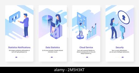 Data statistics, security cloud service vector illustration. UX, UI onboarding mobile app page screen set with line internet database technology to se Stock Vector