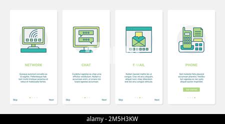 Social media communication and networking vector illustration. UX, UI onboarding mobile app page screen set with line chat messages on computer screen Stock Vector