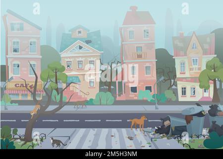 Dirty foggy street with garbage around. Empty city with worn, broken and dirty buildings, waste, full dustbins with cats and dogs. Unfavorable abandon Stock Vector