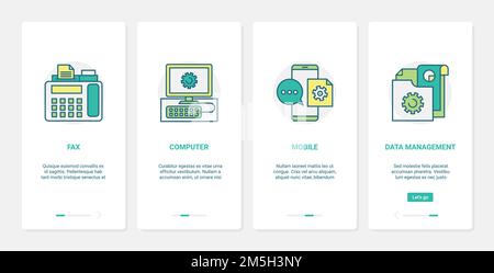 Support communication, call center vector illustration. UX, UI onboarding mobile app page screen set with line customer support help service with fax Stock Vector