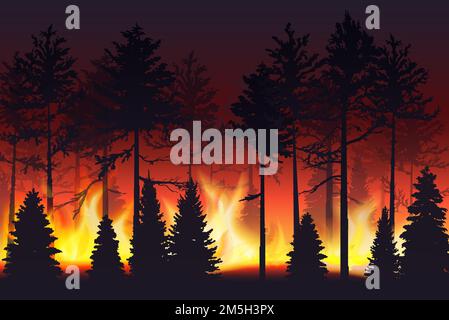 Forest fire realistic silhouette landscape vector illustration Stock Vector