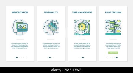 Time management, personalization, brainstorm vector illustration. UX, UI onboarding mobile app page screen set with line human brain, intelligence mem Stock Vector