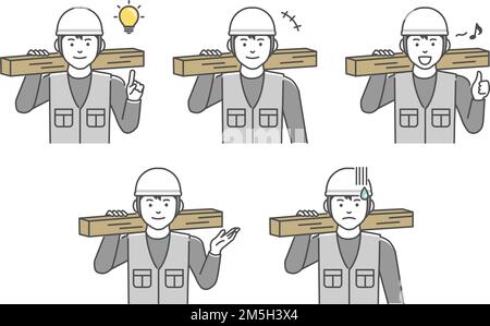 Young asian carpenter vector illustration set Stock Vector