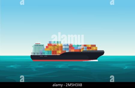 Cargo transportation ship with containers in the ocean. Delivery, shipping freight transportation concept vector illustration Stock Vector