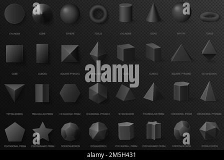 Realistic black basic geometric 3d shapes in top and front view isolated on the dark alpha transperant background Stock Vector