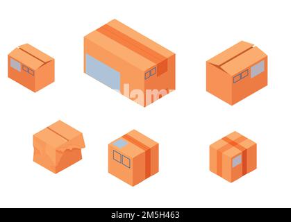 Delivery drones carry and stack boxes isometric illustration. White modern quadrocopters ship sort yellow boxe. Stock Vector