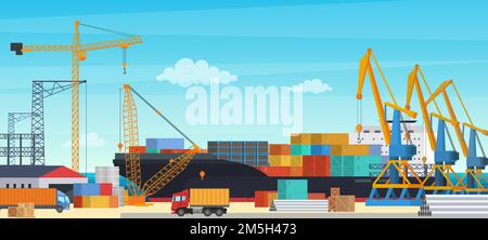 Cargo ship logistics in seaport vector illustration. Cartoon crane