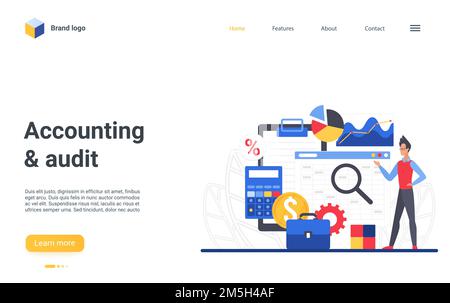 Flat cartoon accountant character making auditing process with analysis review, tax report. Business service interface design for web site. Business a Stock Vector