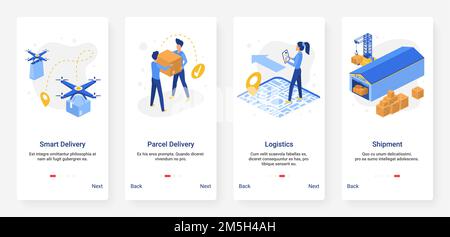 Warehouse delivery, logistics and shipping technology isometric mobile app set Stock Vector