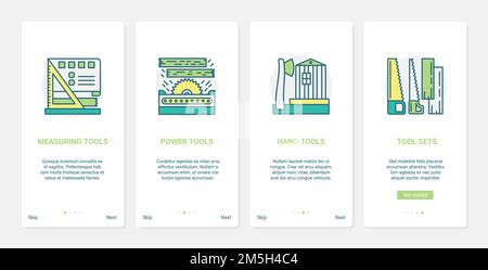 Power machine repair tools, hand wood work carpenter equipment vector illustration. UX, UI onboarding mobile app page screen set with line powered mac Stock Vector