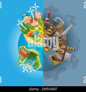 Save the panet concept. Cartoon globe divided into two halves of clean ecology and dirty pulluted. Eco Earth protection vector illustration Stock Vector