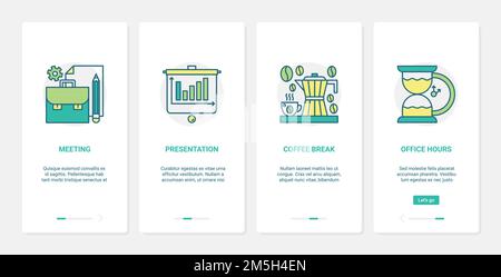 Office coffee break, business meeting vector illustration. UX, UI onboarding mobile app page screen set with line presentation board, coffee pot with Stock Vector