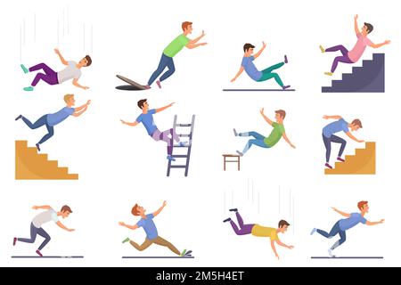 Set of falling man isolated. Falling from chair accident, falling down stairs, slipping, stumbling falling man vector illustration Stock Vector