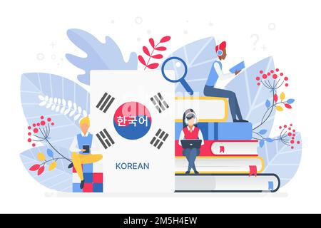 People learning Korean language vector illustration. Korea Distance education, online learning courses concept. Students reading books cartoon charact Stock Vector