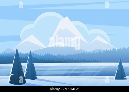 Blue winter landscape flat vector illustration. Spruce forest and mountains. Snowy nature view in frozen day. Wood in wintertime. Frosty outdoor scene Stock Vector