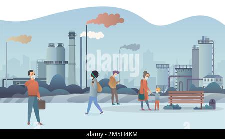 Sad and unhappy people wearing protective face masks and walking near factory pipes city with smoke on background. Industrial smog, fine dust, air pol Stock Vector