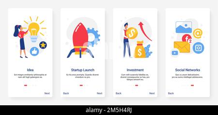 Startup business idea, rocket launch and light bulb investment, social media set Stock Vector