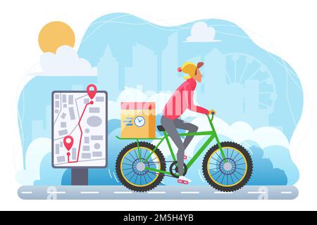 Cycle winter extreme delivery flat vector illustration. Courier on bicycle cartoon character. Ecological express shipping service. Cyclist carrying pa Stock Vector