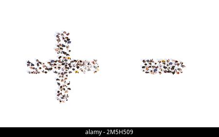 Concept or conceptual large community of people forming the + and - signs. 3d illustration metaphor for unity and diversity, humanitarian, teamwork, c Stock Photo