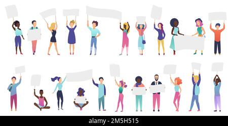 Cheering protesting people crowd holding banners set isolated Stock Vector