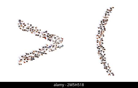 Concept or conceptual large community of people forming the > and ( signs. 3d illustration metaphor for unity and diversity, humanitarian, teamwork, c Stock Photo