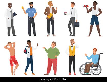 Male characters vector illustration set. Cartoon flat standing or walking man of different professions, age, nationality. Multinational professional m Stock Vector