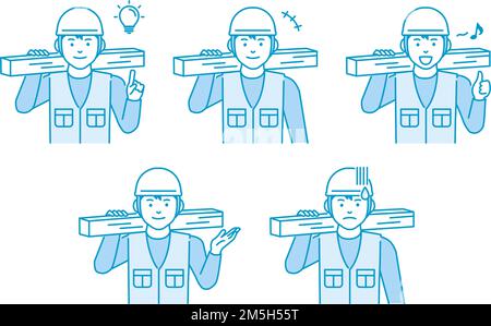 Young asian carpenter vector illustration set Stock Vector