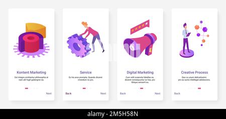 Digital marketing, creative process tech service mobile app page screen set Stock Vector