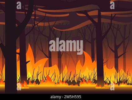 Woodland eco banner. Fire in forest. Wildfire landscape vector illustration Stock Vector