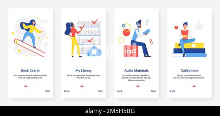 Online library education digital technology mobile app page onboard screen set Stock Vector