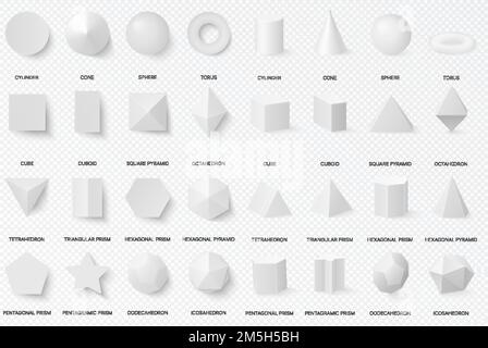 Realistic white basic 3d shapes in top and front view isolated on the alpha transperant background Stock Vector