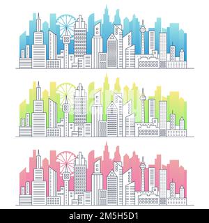 Modern line art of modern big city cityscape panorama with gradient color skyscrapers Stock Vector