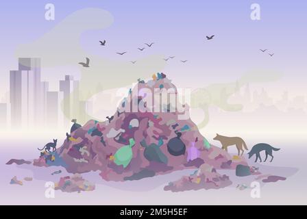 Smelling landfill waste landscape with city skyscrapers on the background. Pollution Environment concept vector illustration Stock Vector