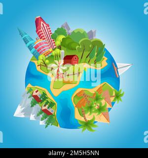Cartoon cute planet concept. Planet globe with city buildings, farm windmills, mountains, ocean, houses and desert pyramids vector Illustration Stock Vector