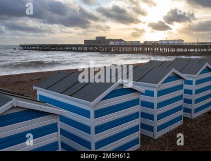 Beach Huts with Pier and horizon Stock Photo