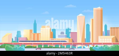 Panorama of city subway, urban cityscape with modern metro train on railway bridge skyline Stock Vector