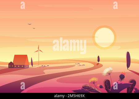Solar rural landscape in sunset with hills, small house, wind turbine vector illustration Stock Vector
