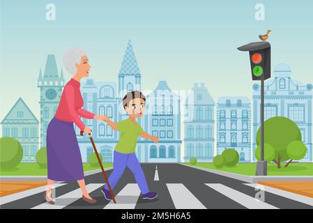 Polite little boy helps smiling old woman to pass the road at a pedestrian crossing while the green light shines. Cartoon vector illustration Stock Vector