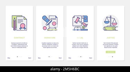 Legal support of business contract vector illustration. UX, UI onboarding mobile app page screen judicial set with line law justice scale and hammer, Stock Vector