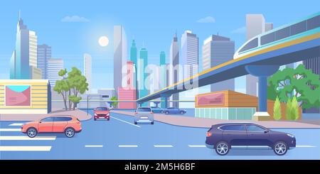 Subway city train vector illustration. Cartoon 3d urban panoramic cityscape with modern skyscraper buildings, public metro train traveling on railway Stock Vector