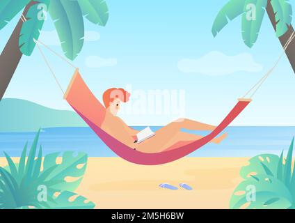 Reading young man on hammock vector flat gradient illustration Stock Vector
