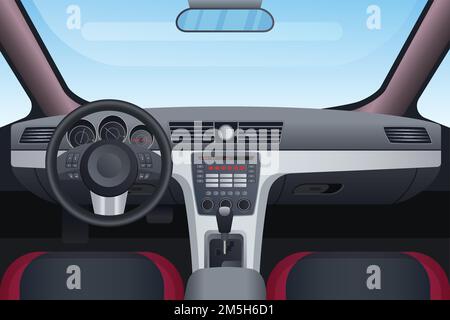 Automobile black and red interior vector illustration. Control panel and windscreen view from front seats. Dashboard and steering wheel in car. Inside Stock Vector